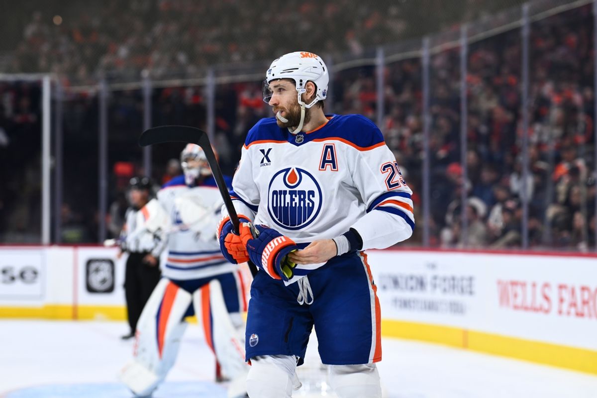 Feb 22, 2025; Philadelphia, Pennsylvania, USA; Edmonton Oilers center Leon Draisaitl (29) looks on against the Philadelphia Flyers in the first period at Wells Fargo Center. Mandatory Credit: Kyle Ross-Imagn Images