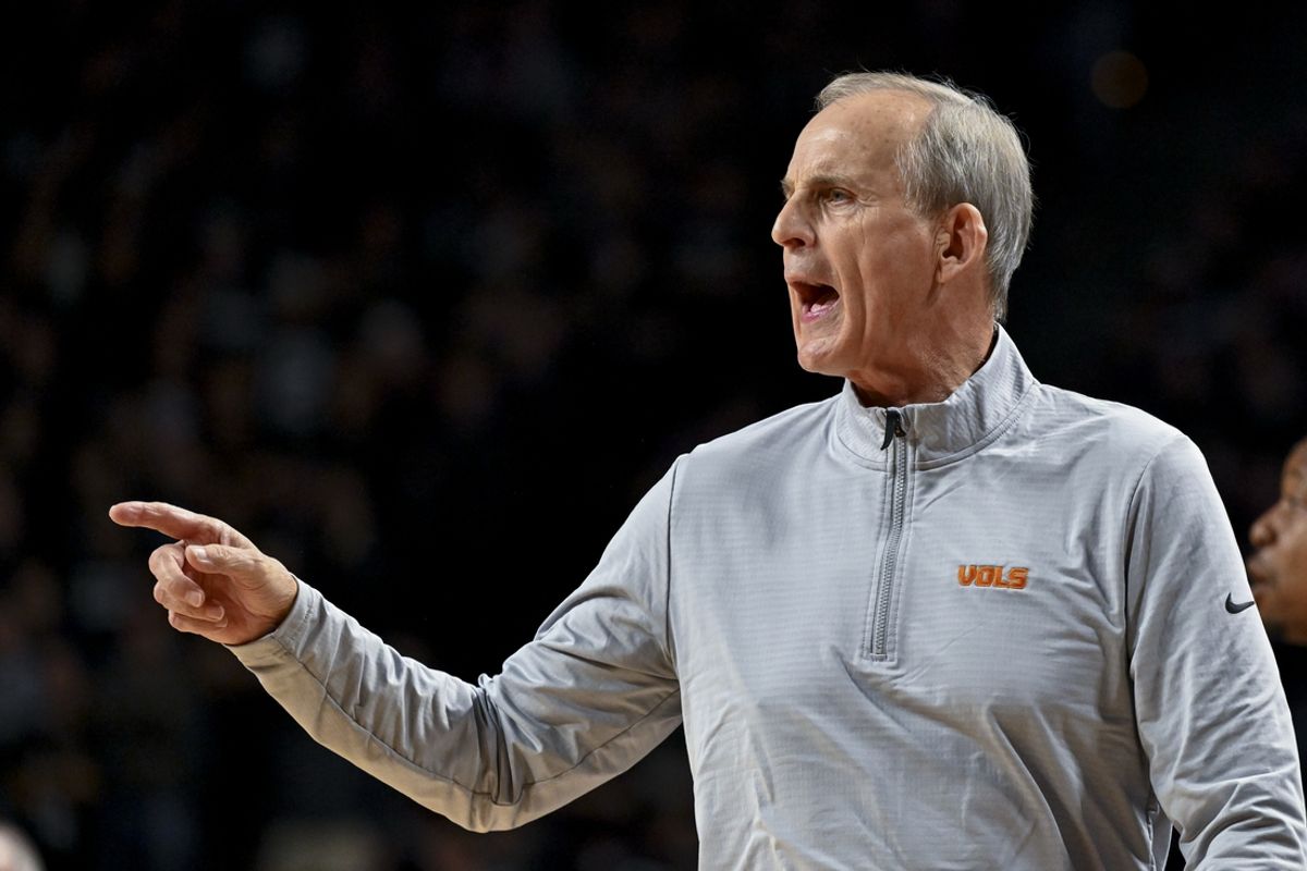 Feb 22, 2025; College Station, Texas, USA; Tennessee Volunteers head coach Rick Barnes reacts during the first half against the Texas A&M Aggies at Reed Arena. Mandatory Credit: Maria Lysaker-Imagn Images