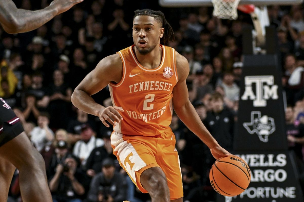 Feb 22, 2025; College Station, Texas, USA; Tennessee Volunteers guard Chaz Lanier (2) looks to pass the ball during the second half against the Texas A&M Aggies at Reed Arena. Mandatory Credit: Maria Lysaker-Imagn Images