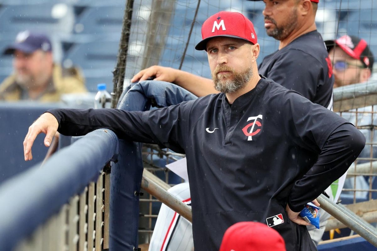 Feb 24, 2025; Port Charlotte, Florida, USA; Minnesota Twins manager Rocco Baldelli (5) looks on during a game against the Tampa Bay Rays at Charlotte Sports Park. Mandatory Credit: Kim Klement Neitzel-Imagn Images