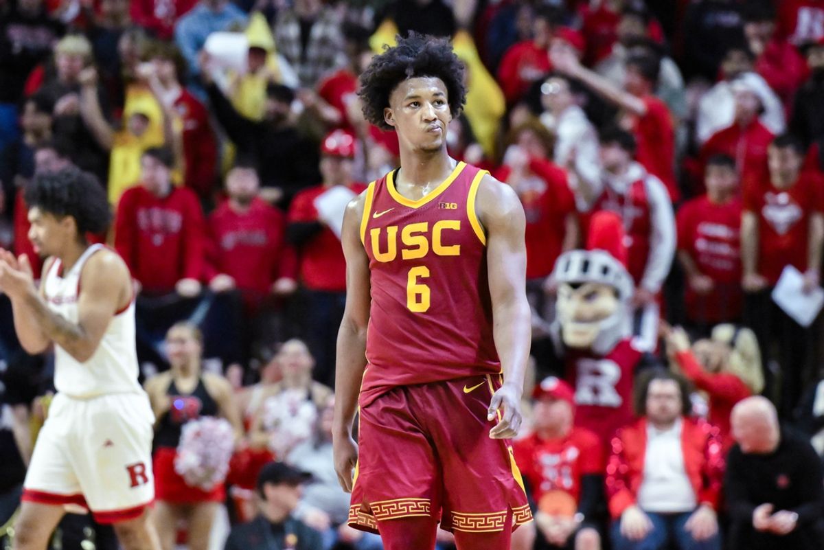 Feb 23, 2025; Piscataway, New Jersey, USA; USC Trojans guard Wesley Yates III (6) during the second half against the Rutgers Scarlet Knights at Jersey Mike's Arena. Mandatory Credit: John Jones-Imagn Images