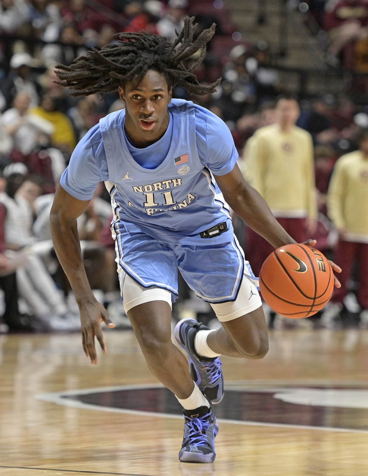 Feb 24, 2025; Tallahassee, Florida, USA; North Carolina Tarheels forward Ian Jackson (11) drives to the net during the second half against the Florida State Seminoles at Donald L. Tucker Center. Mandatory Credit: Melina Myers-Imagn Images
