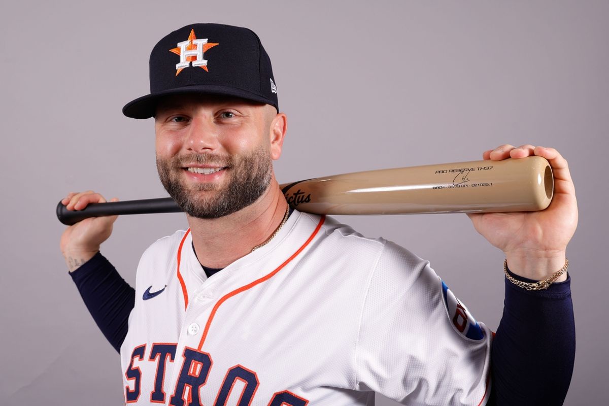 Feb 20, 2025; West Palm Beach, FL, USA;  Houston Astros first base Christian Walker (8) poses for a photo at the Houston Astros media day. Mandatory Credit: Reinhold Matay-Imagn Images
