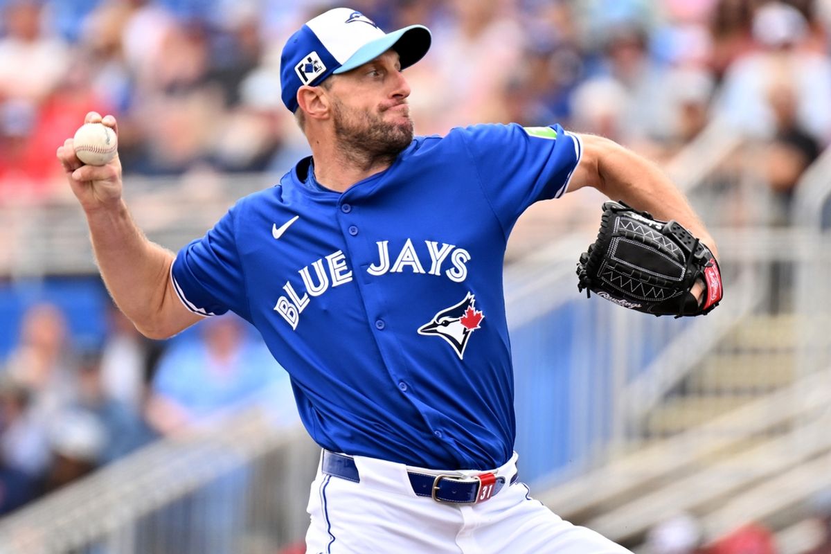 Feb 25, 2025; Dunedin, Florida, USA; Toronto Blue Jays starting pitcher Max Scherzer (31) throws against the St. Louis Cardinals in the first inning of a spring training game at TD Ballpark. Mandatory Credit: Jonathan Dyer-Imagn Images