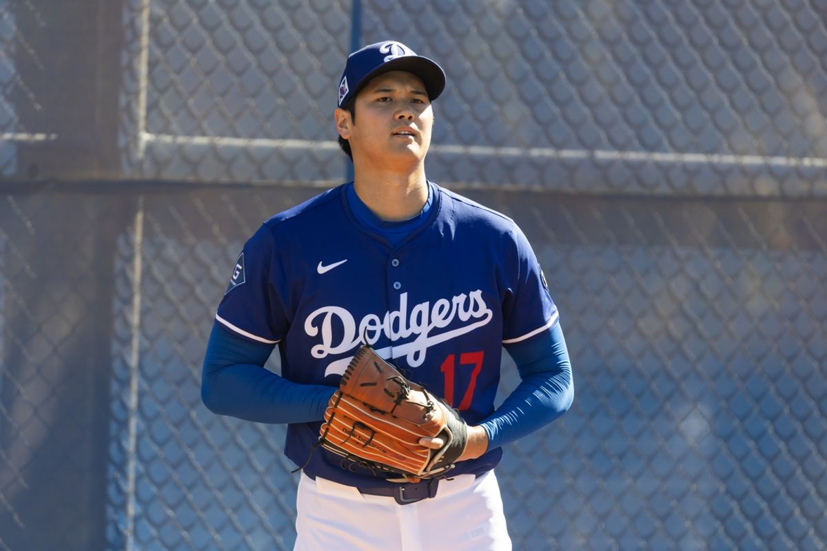 Feb 25, 2025; Phoenix, Arizona, USA; Los Angeles Dodgers pitcher Shohei Ohtani (17) during workouts at Camelback Ranch-Glendale. Mandatory Credit: Mark J. Rebilas-Imagn Images