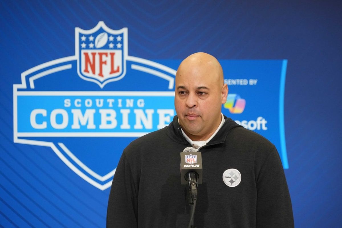Feb 25, 2025; Indianapolis, IN, USA; Pittsburgh Steelers general manager Omar Khan speaks during the NFL Scouting Combine at the Indiana Convention Center. Mandatory Credit: Kirby Lee-Imagn Images