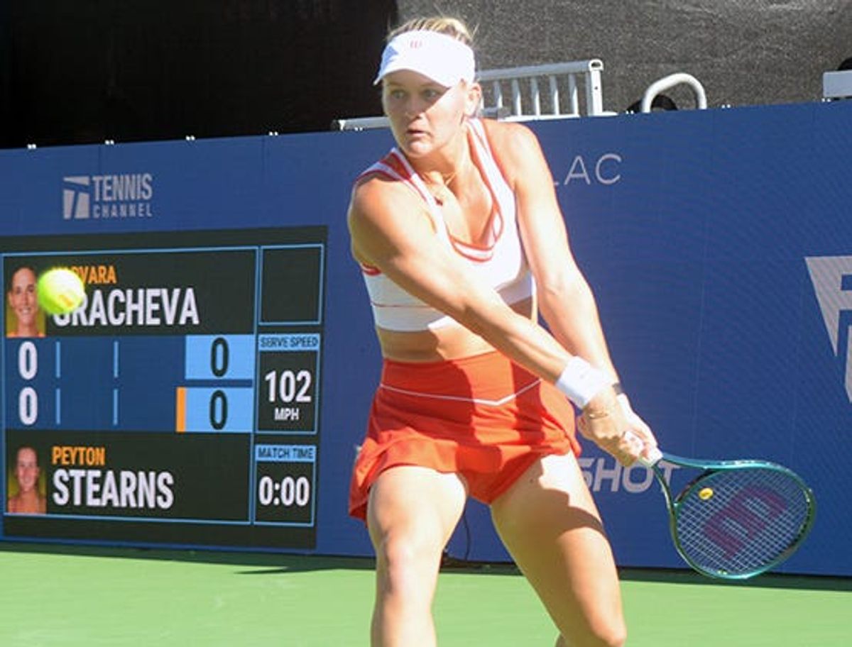 Former Texas Longhorns star Peyton Stearns returns a backhand shot against her opponent in Tuesday's first-round of the ATX Open at Westwood Country Club in Austin, Texas. Stearns lost 6-2, 6-3.