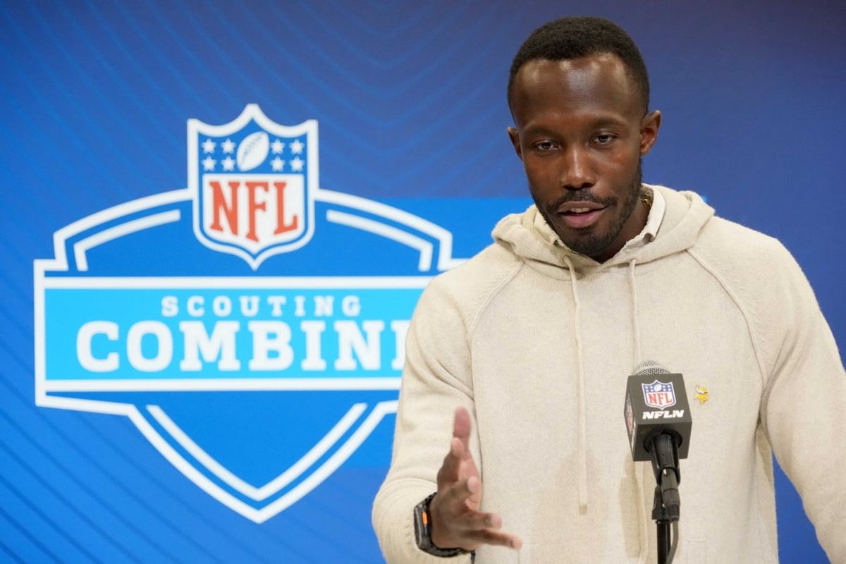 Feb 25, 2025; Indianapolis, IN, USA; Minnesota Vikings general manager Kwesi Adofo-Mensah speaks during the NFL Scouting Combine at the Indiana Convention Center. Mandatory Credit: Kirby Lee-Imagn Images