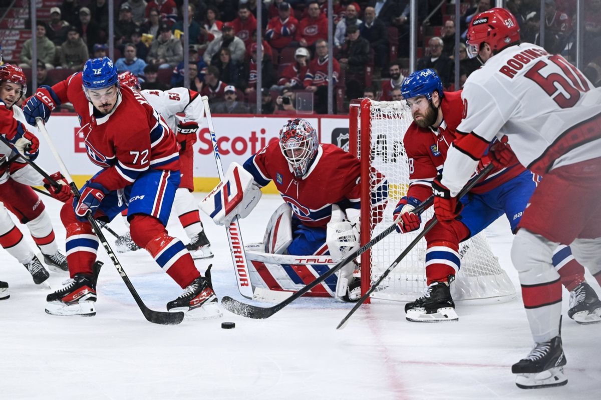 Feb 25, 2025; Montreal, Quebec, CAN; Montreal Canadiens goalie Sam Montembeault (35) makes a save against the Carolina Hurricanes in the second period at Bell Centre. Mandatory Credit: David Kirouac-Imagn Images