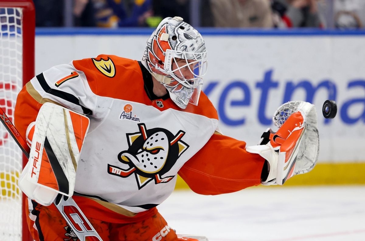 Feb 25, 2025; Buffalo, New York, USA;  Anaheim Ducks goaltender Lukas Dostal (1) makes a glove save during the second period against the Buffalo Sabres at KeyBank Center. Mandatory Credit: Timothy T. Ludwig-Imagn Images