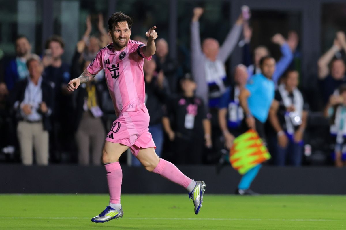 Feb 25, 2025; Fort Lauderdale, Florida, USA; Inter Miami CF forward Lionel Messi (10) celebrates after scoring against Sporting Kansas City during the first half in Round One of the 2025 Concacaf Champions Cup at Chase Stadium. Mandatory Credit: Sam Navarro-Imagn Images