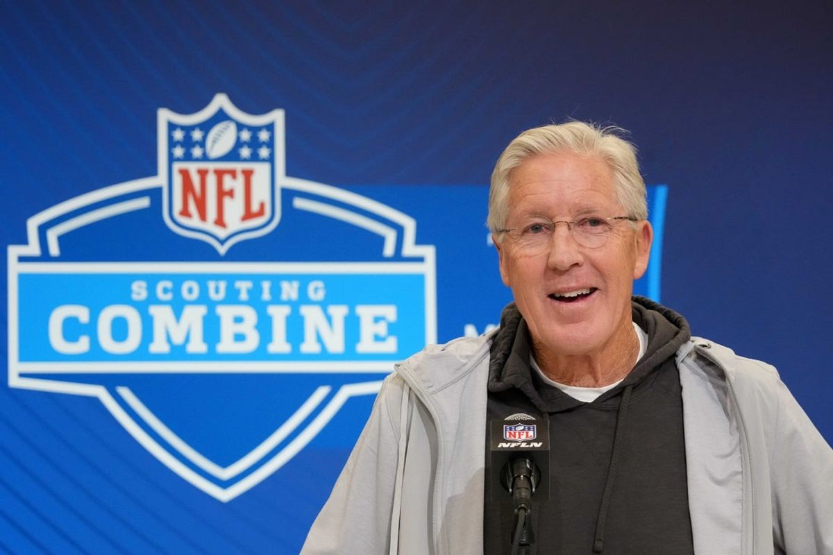 Feb 25, 2025; Indianapolis, IN, USA; Las Vegas Raiders coach Pete Carroll speaks during the NFL Scouting Combine at the Indiana Convention Center. Mandatory Credit: Kirby Lee-Imagn Images