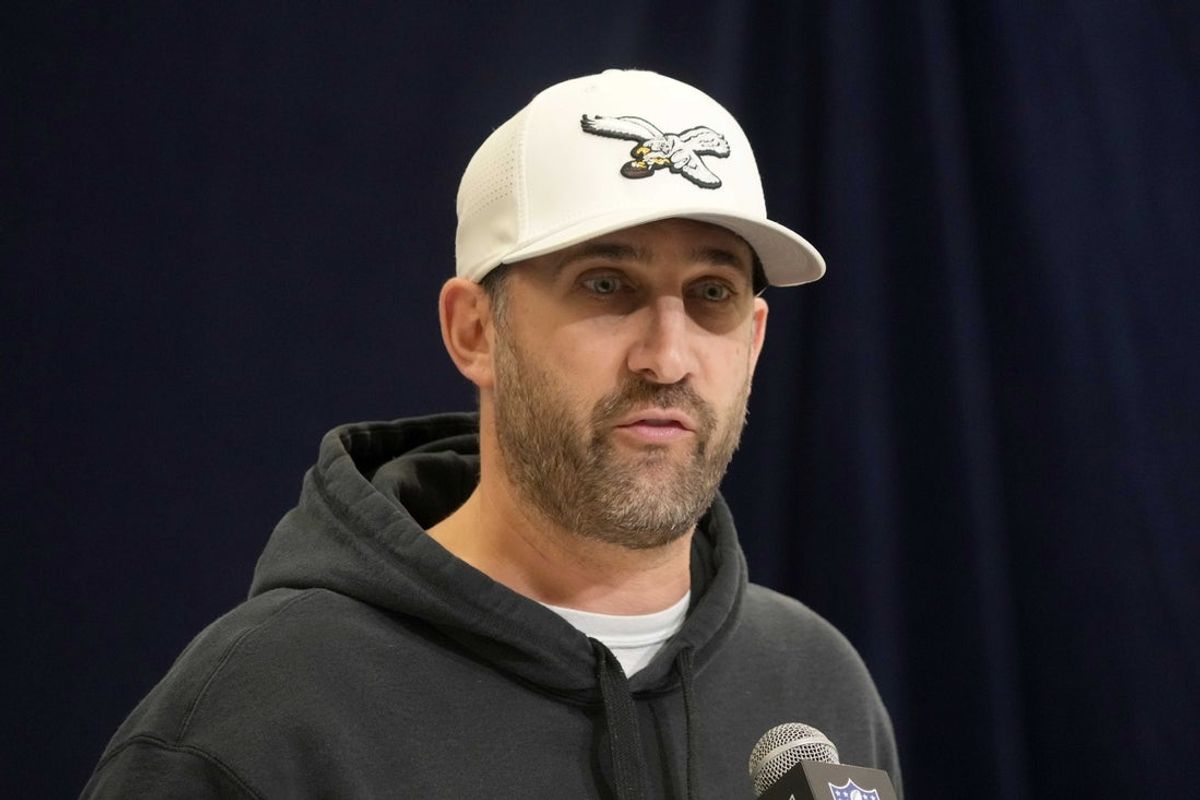 Feb 25, 2025; Indianapolis, IN, USA; Philadelphia Eagles coach Nick Sirianni speaks during the NFL Scouting Combine at the Indiana Convention Center. Mandatory Credit: Kirby Lee-Imagn Images