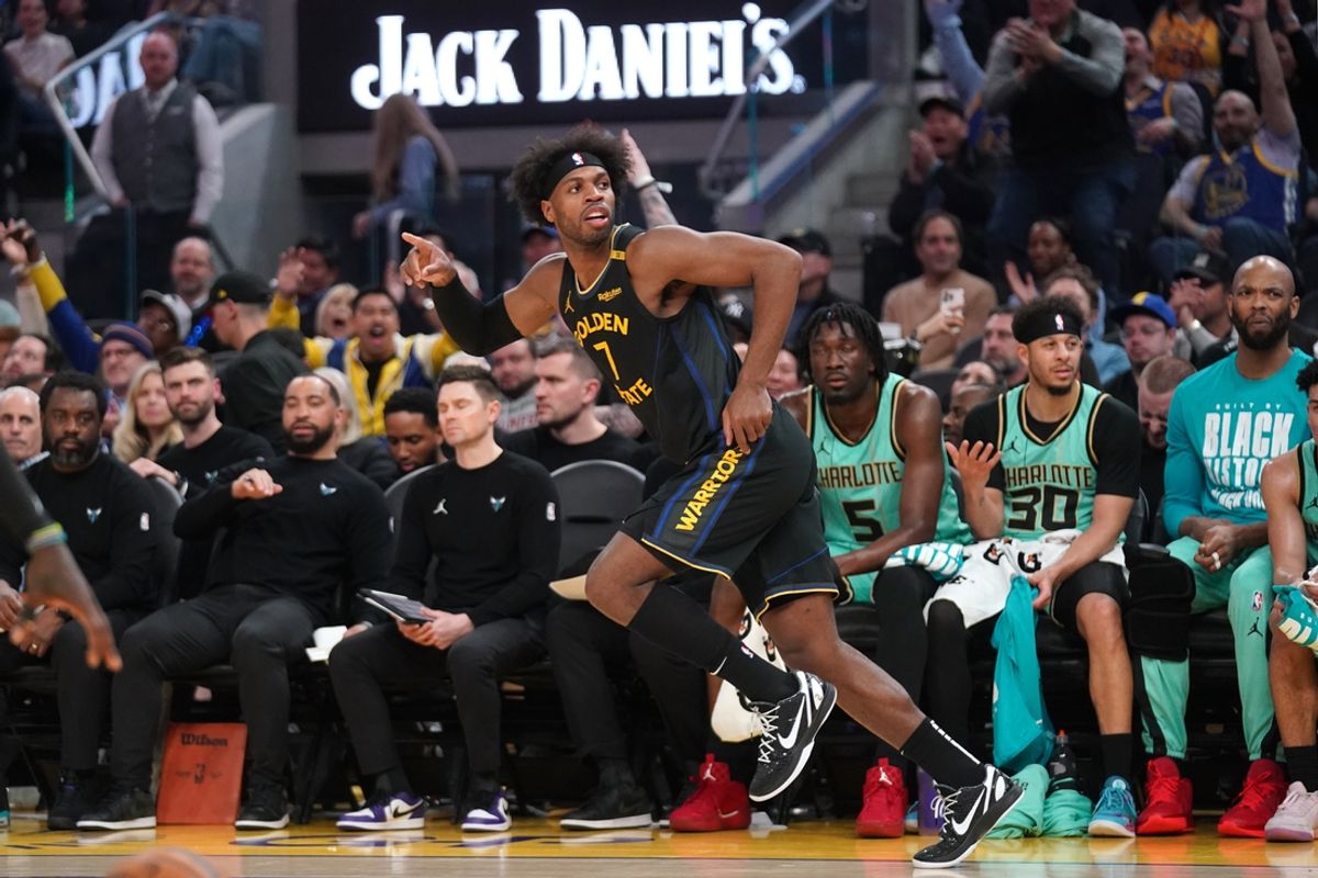 Feb 25, 2025; San Francisco, California, USA; Golden State Warriors guard Buddy Hield (7) reacts after making a three point basket against the Charlotte Hornets in the second quarter at the Chase Center. Mandatory Credit: Cary Edmondson-Imagn Images