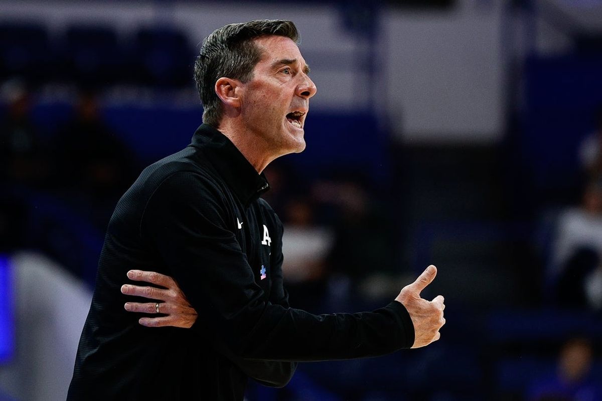 Feb 25, 2025; Colorado Springs, Colorado, USA; Air Force Falcons head coach Joe Scott in the first half against the Colorado State Rams at Clune Arena. Mandatory Credit: Isaiah J. Downing-Imagn Images