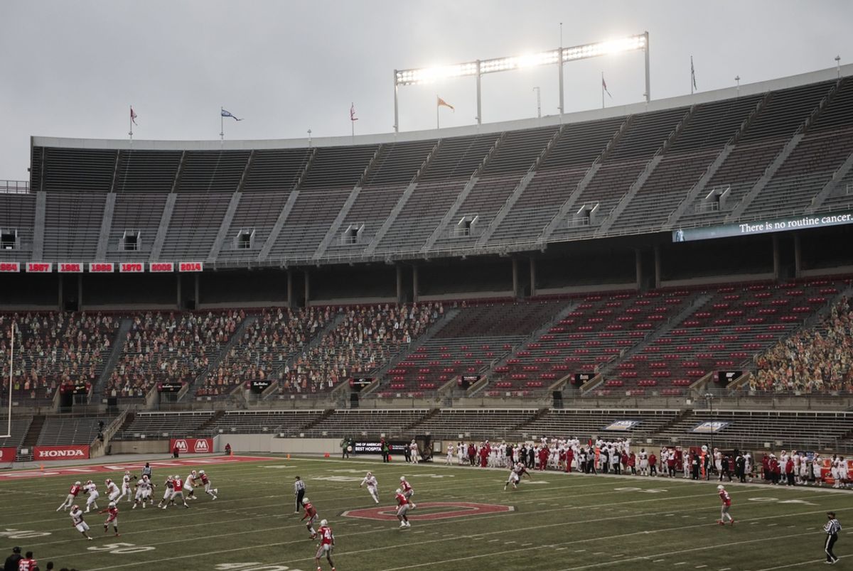 The Ohio State Buckeyes and the Indiana Hoosiers play during the fourth quarter of a NCAA Division I football game between the Ohio State Buckeyes and the Indiana Hoosiers on Saturday, Nov. 21, 2020 at Ohio Stadium in Columbus, Ohio.