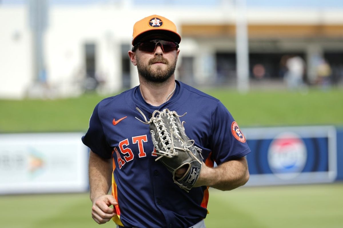 Feb 26, 2025; West Palm Beach, Florida, USA; Houston Astros outfielder Cooper Hummel (1) returns to the dugout following  the third inning against the Washington Nationals at CACTI Park of the Palm Beaches. Mandatory Credit: Reinhold Matay-Imagn Images