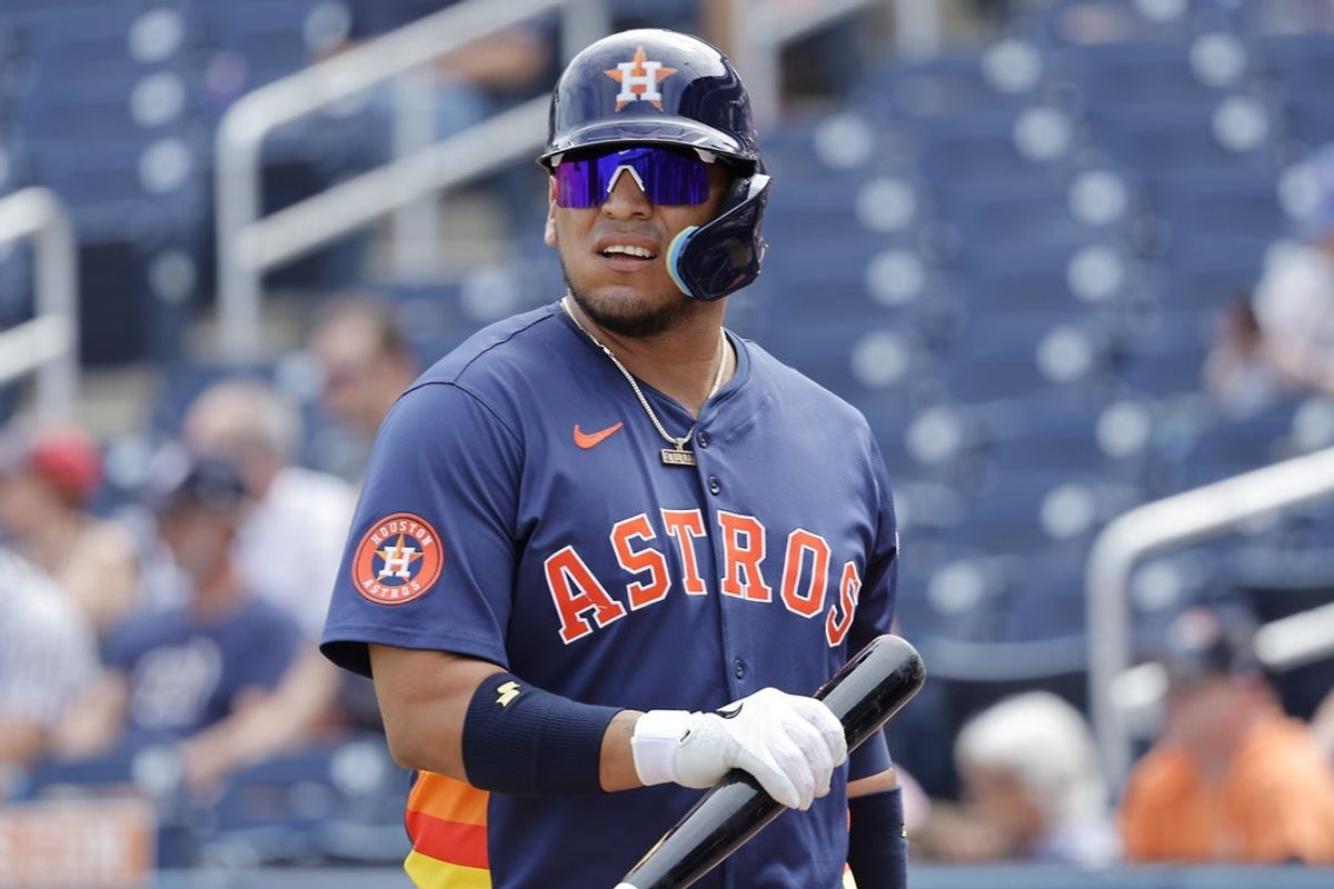 Feb 26, 2025; West Palm Beach, Florida, USA; Houston Astros third base Isaac Paredes (15) returns to the bench after striking out during the third inning against the Washington Nationals at CACTI Park of the Palm Beaches. Mandatory Credit: Reinhold Matay-Imagn Images