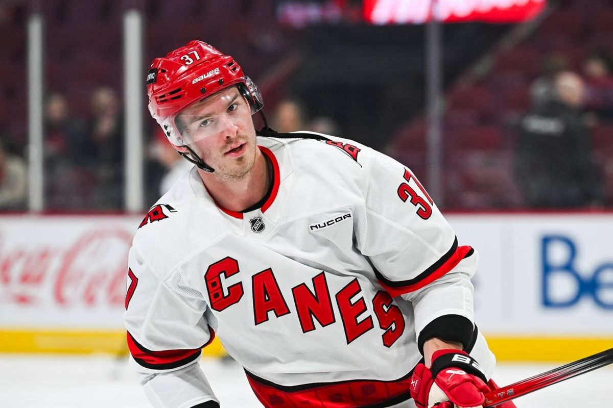 Feb 25, 2025; Montreal, Quebec, CAN; Carolina Hurricanes right wing Andrei Svechnikov (37) looks on in warm-up before the game against the Montreal Canadiens at Bell Centre. Mandatory Credit: David Kirouac-Imagn Images