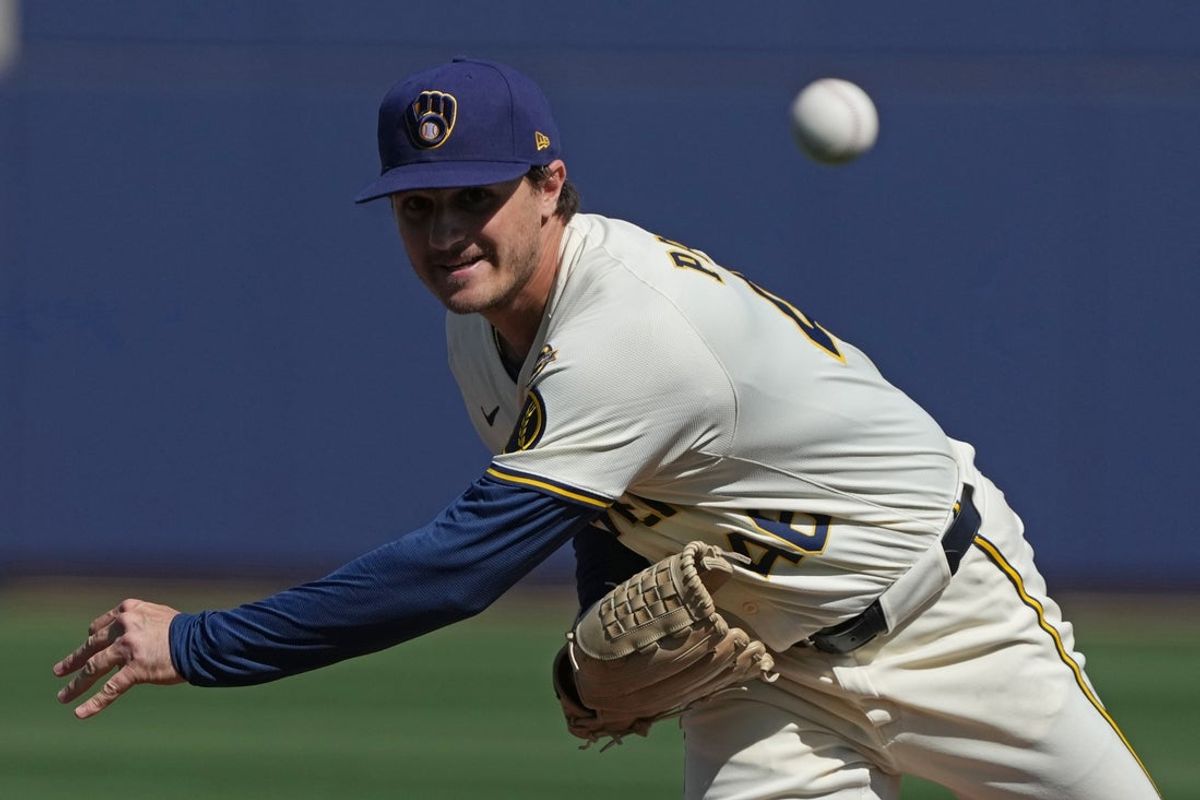 Feb 26, 2025; Phoenix, Arizona, USA; Milwaukee Brewers pitcher Thomas Pannone throws against the Los Angeles Dodgers during the first inning at American Family Fields of Phoenix. Mandatory Credit: Rick Scuteri-Imagn Images