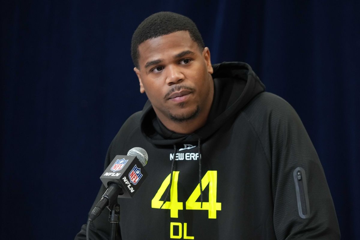 Feb 27, 2025; Indianapolis, IN, USA; Penn State defensive lineman Abdul Carter (DL44) during the 2025 NFL Scouting Combine at the Indiana Convention Center. Mandatory Credit: Kirby Lee-Imagn Images
