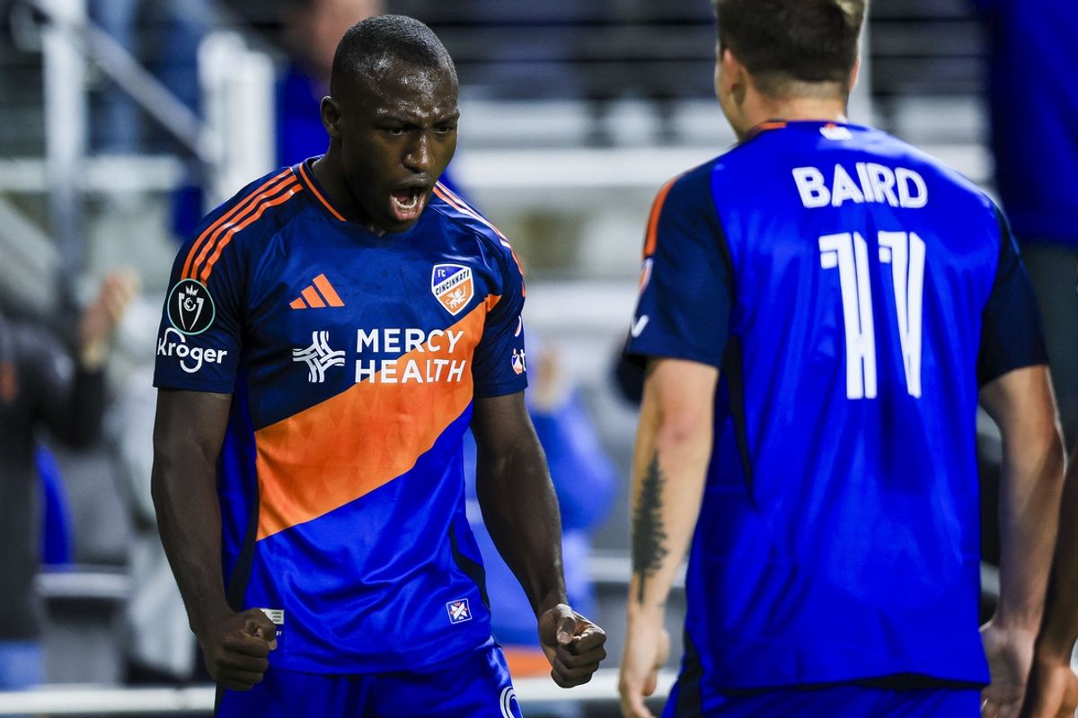 Feb 26, 2025; Cincinnati, Ohio, USA; FC Cincinnati forward Kevin Denkey (9) reacts after scoring a goal against FC Motagua in the first half at TQL Stadium. Mandatory Credit: Katie Stratman-Imagn Images