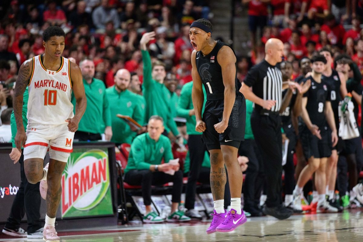 Feb 26, 2025; College Park, Maryland, USA; Michigan State Spartans guard Jeremy Fears Jr. (1) reacts after making shot during the second half against the Maryland Terrapins at Xfinity Center. Mandatory Credit: Reggie Hildred-Imagn Images