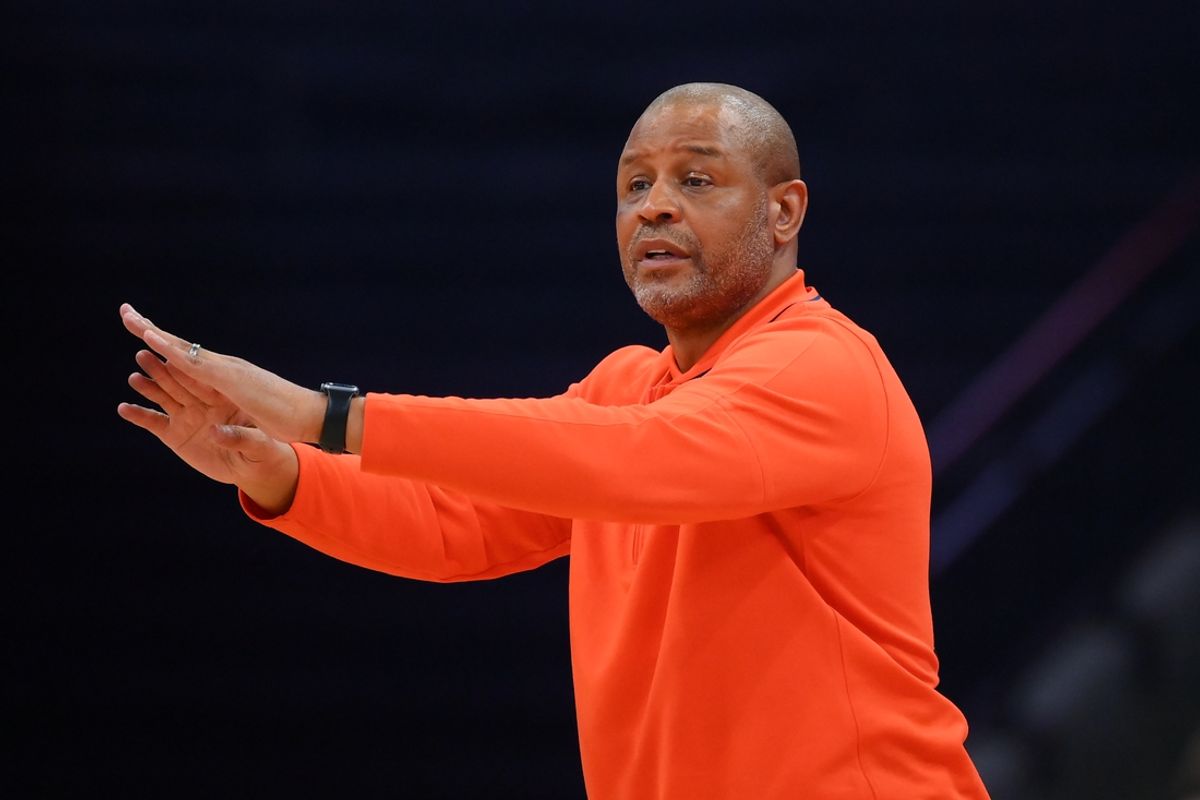 Feb 26, 2025; Syracuse, New York, USA; Syracuse Orange head coach Adrian Autry reacts to a call against the North Carolina State Wolfpack during the second half at the JMA Wireless Dome. Mandatory Credit: Rich Barnes-Imagn Images