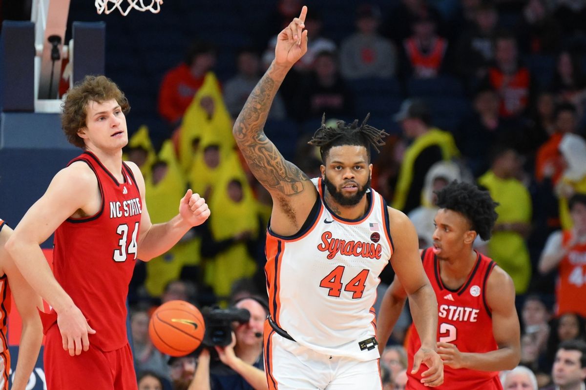 Feb 26, 2025; Syracuse, New York, USA; Syracuse Orange center Eddie Lampkin Jr. (44) reacts against the North Carolina State Wolfpack during the second half at the JMA Wireless Dome. Mandatory Credit: Rich Barnes-Imagn Images