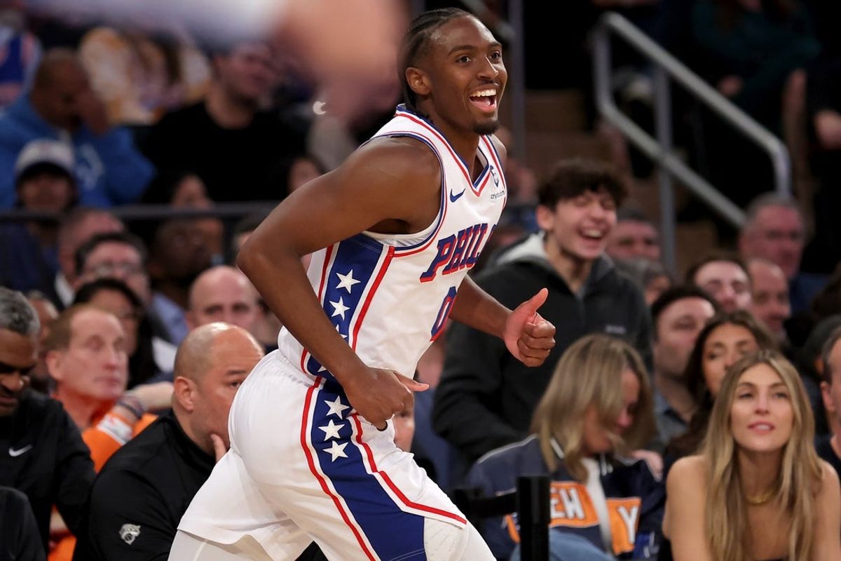 Feb 26, 2025; New York, New York, USA; Philadelphia 76ers guard Tyrese Maxey (0) reacts after making a three point shot against the New York Knicks during the fourth quarter at Madison Square Garden. Mandatory Credit: Brad Penner-Imagn Images