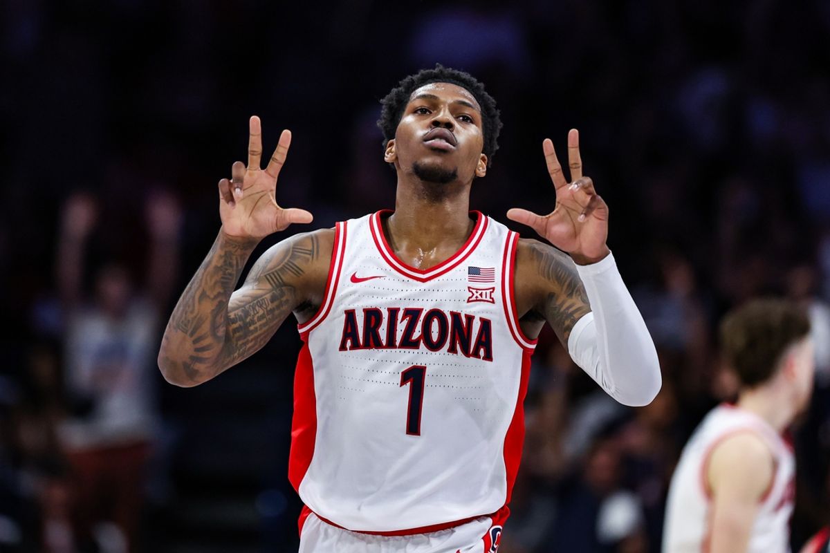 Feb 26, 2025; Tucson, Arizona, USA; Arizona Wildcats guard Caleb Love (1) holds up threes after he shot a three point basket during the first half against the Utah Utes at McKale Center. Mandatory Credit: Aryanna Frank-Imagn Images