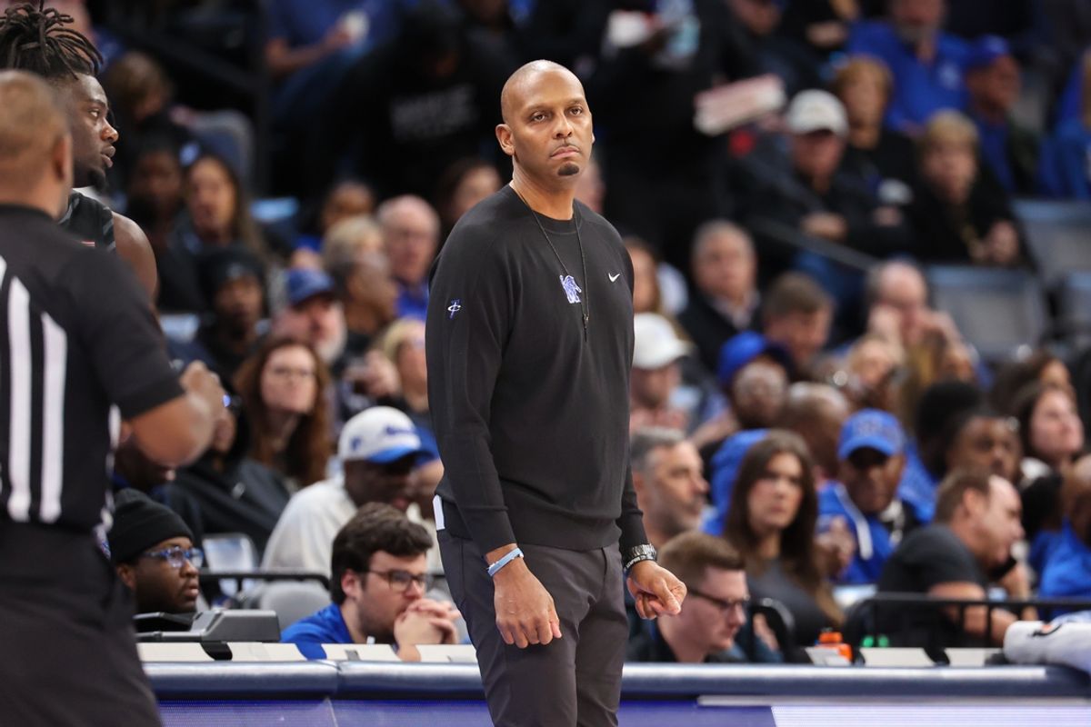 Feb 26, 2025; Memphis, Tennessee, USA; Memphis Tigers Head Coach Penny Hardaway looks on against the Rice Owls during the first half at FedExForum. Mandatory Credit: Wesley Hale-Imagn Images