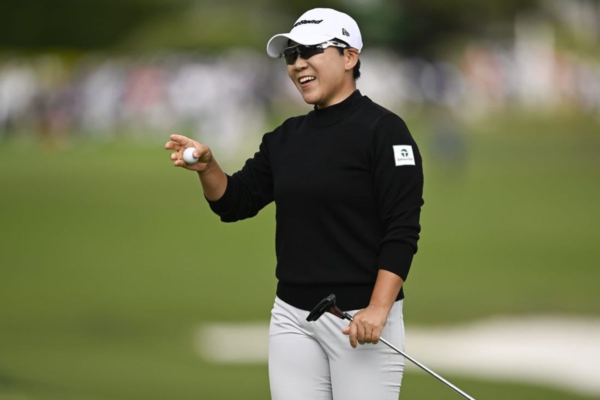 Jul 9, 2023; Pebble Beach, California, USA; Jiyai Shin reacts after her putt on the 18th hole during the final round of the U.S. Women's Open golf tournament at Pebble Beach Golf Links.