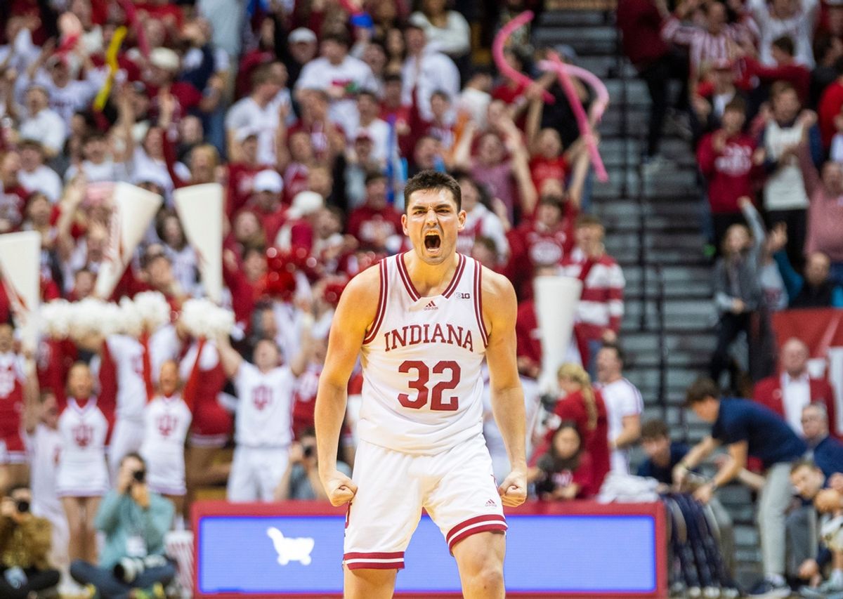 Indiana's Trey Galloway (32) celebrates during the Indiana versus Penn St. mens basketball game at Simon Skjodt Assembly Hall on Wednesday, Feb. 26, 2025.
