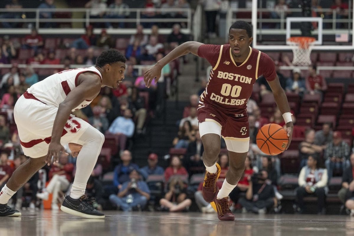 Feb 26, 2025; Stanford, California, USA;  Boston College Eagles guard Chas Kelley III (00) drives the ball during the second half against the Stanford Cardinal at Maples Pavilion. Mandatory Credit: Stan Szeto-Imagn Images