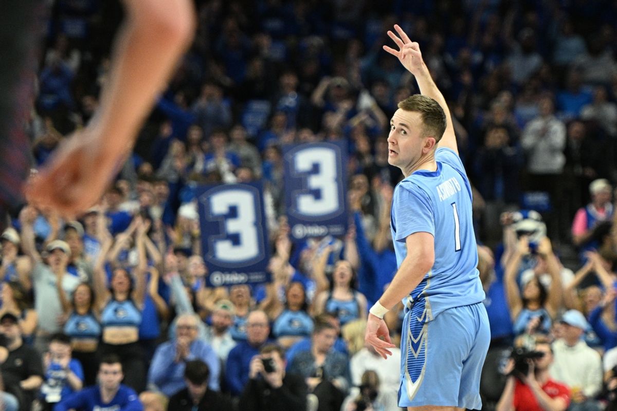 Feb 26, 2025; Omaha, Nebraska, USA;  Creighton Bluejays guard Steven Ashworth (1) celebrates a three point shot against the DePaul Blue Demons during the second half at CHI Health Center Omaha. Mandatory Credit: Steven Branscombe-Imagn Images