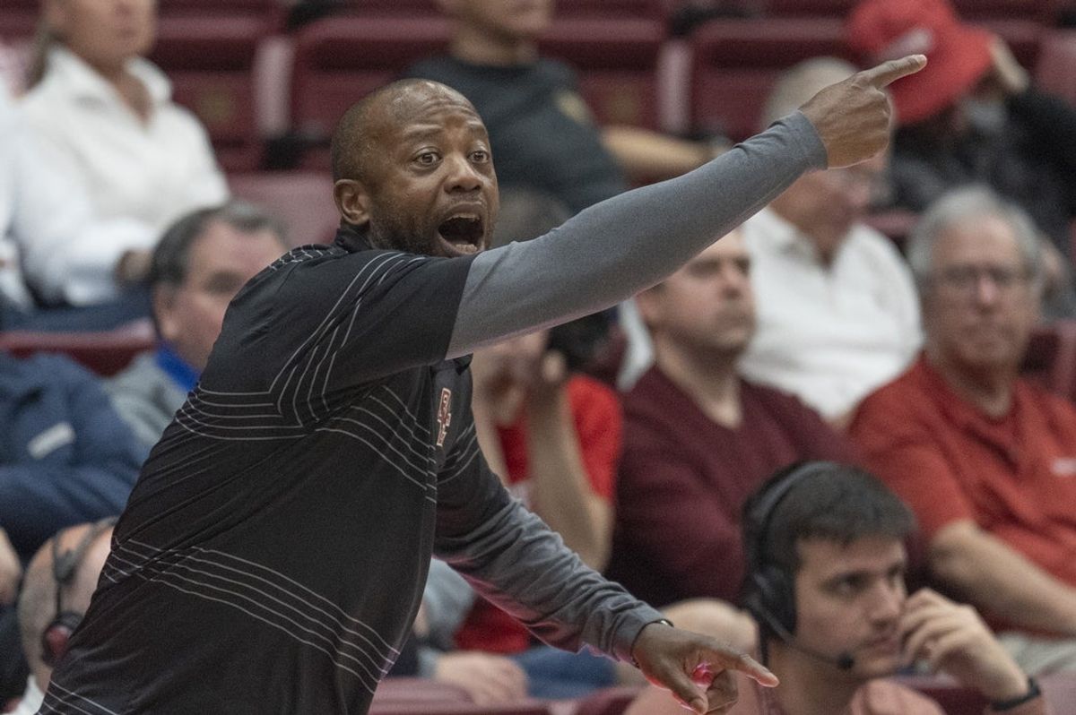 Feb 26, 2025; Stanford, California, USA;  Boston College Eagles head coach Earl Grant reacts during the second half against the Stanford Cardinal at Maples Pavilion. Mandatory Credit: Stan Szeto-Imagn Images