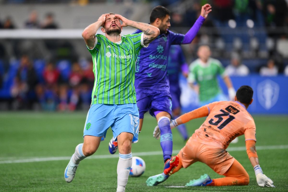 Feb 26, 2025; Seattle, Washington, USA; Seattle Sounders FC forward Jordan Morris (13) reacts to missing a goal shot against Antigua GFC during the first half at Lumen Field. Mandatory Credit: Steven Bisig-Imagn Images