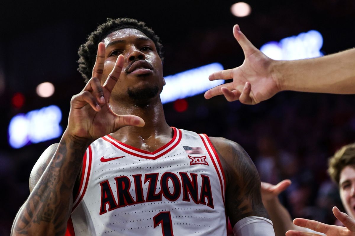 Feb 26, 2025; Tucson, Arizona, USA; Arizona Wildcats guard Caleb Love (1) holds up a three after he makes a three pointer during the second half against the Utah Utes at McKale Center. Mandatory Credit: Aryanna Frank-Imagn Images