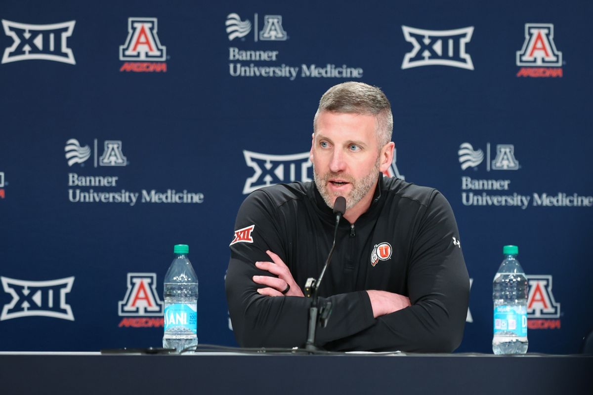 Feb 26, 2025; Tucson, Arizona, USA; Utah Utes head coach Josh Eilert talks to media during post conference after they lose to Arizona Wildcats at McKale Center. Mandatory Credit: Aryanna Frank-Imagn Images