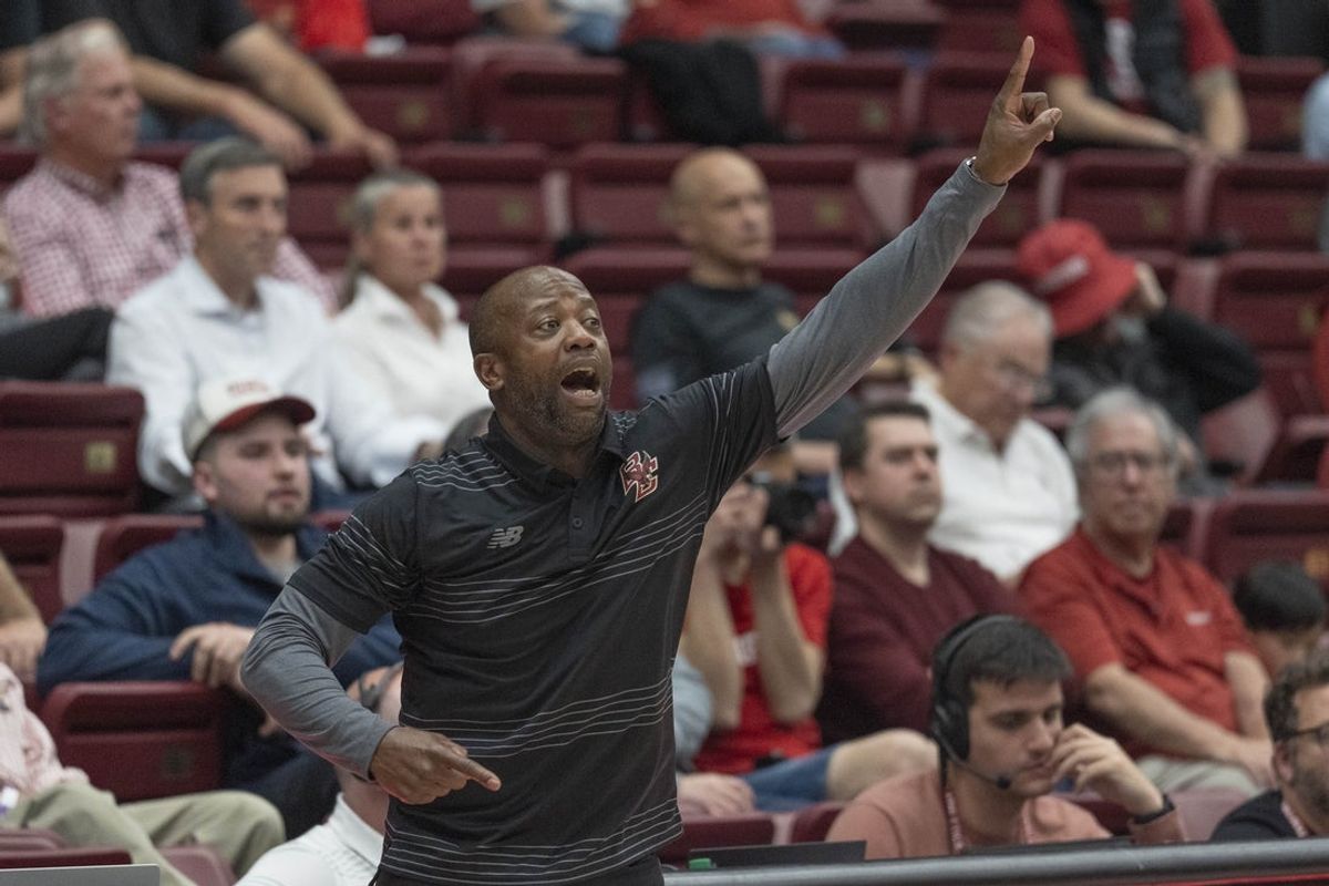 Feb 26, 2025; Stanford, California, USA;  Boston College Eagles head coach Earl Grant reacts during the second half against the Stanford Cardinal at Maples Pavilion. Mandatory Credit: Stan Szeto-Imagn Images