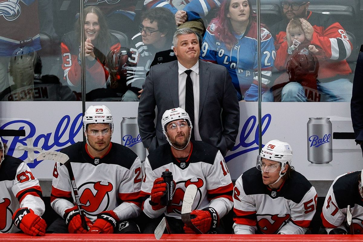 Feb 26, 2025; Denver, Colorado, USA; New Jersey Devils head coach Sheldon Keefe looks on in the third period against the Colorado Avalanche at Ball Arena. Mandatory Credit: Isaiah J. Downing-Imagn Images