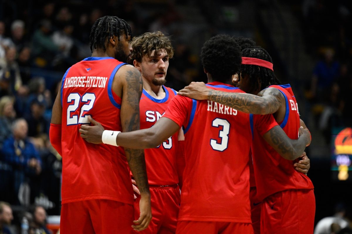 Feb 26, 2025; Berkeley, California, USA; The SMU Mustangs huddle against the California Golden Bears in the second half at Haas Pavilion. Mandatory Credit: Eakin Howard-Imagn Images