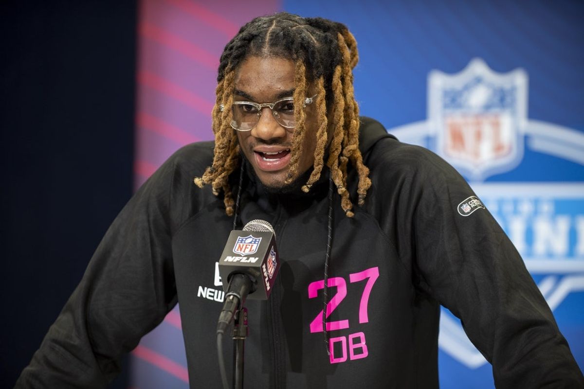 Feb 27, 2025; Indianapolis, IN, USA; East Carolina defensive back Shavon Revel (DB27) during the 2025 NFL Combine at Lucas Oil Stadium. Mandatory Credit: Tanner Pearson-Imagn Images