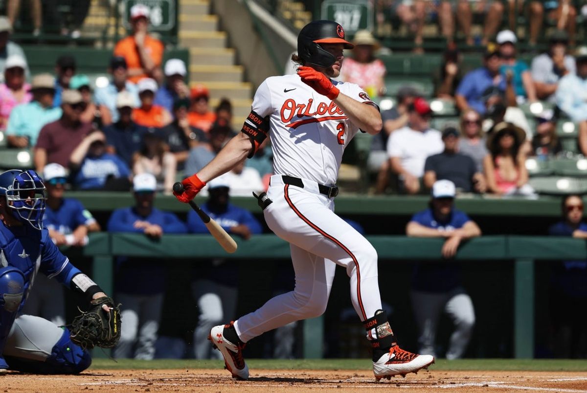 Feb 27, 2025; Sarasota, Florida, USA;  Baltimore Orioles shortstop Gunnar Henderson (2) at bat during the first inning and then left the game during the inning against the Toronto Blue Jaysat Ed Smith Stadium. Mandatory Credit: Kim Klement Neitzel-Imagn Images