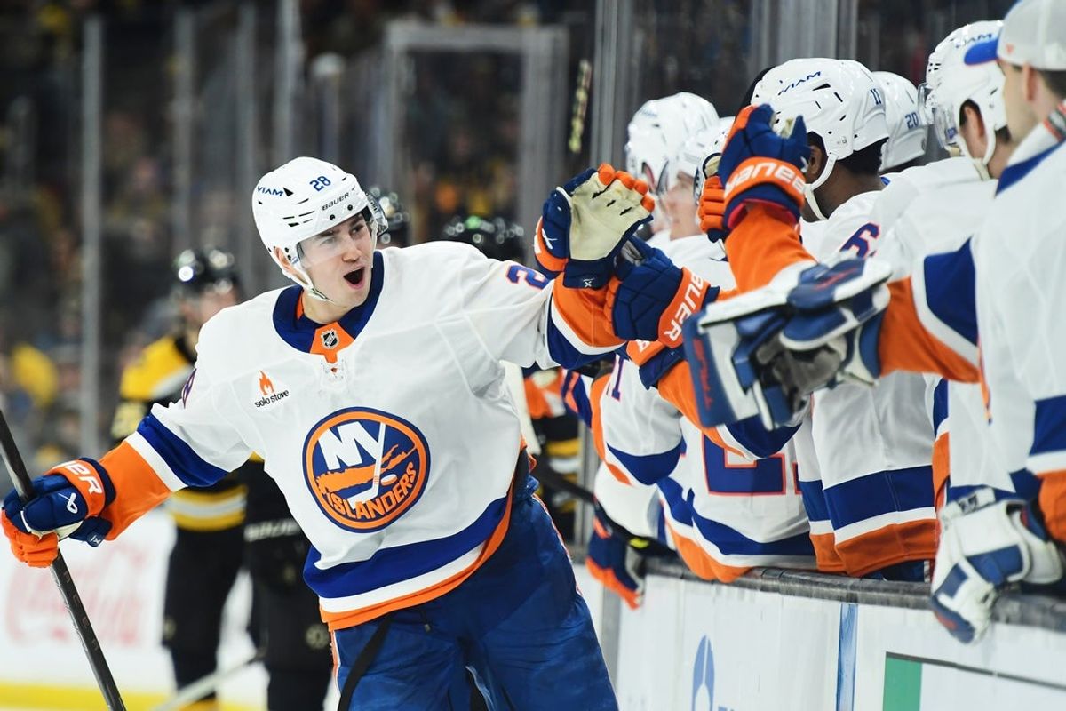 Feb 27, 2025; Boston, Massachusetts, USA; New York Islanders defenseman Alexander Romanov (28) celebrates his goal with his teammates during the first period against the Boston Bruins at TD Garden. Mandatory Credit: Bob DeChiara-Imagn Images