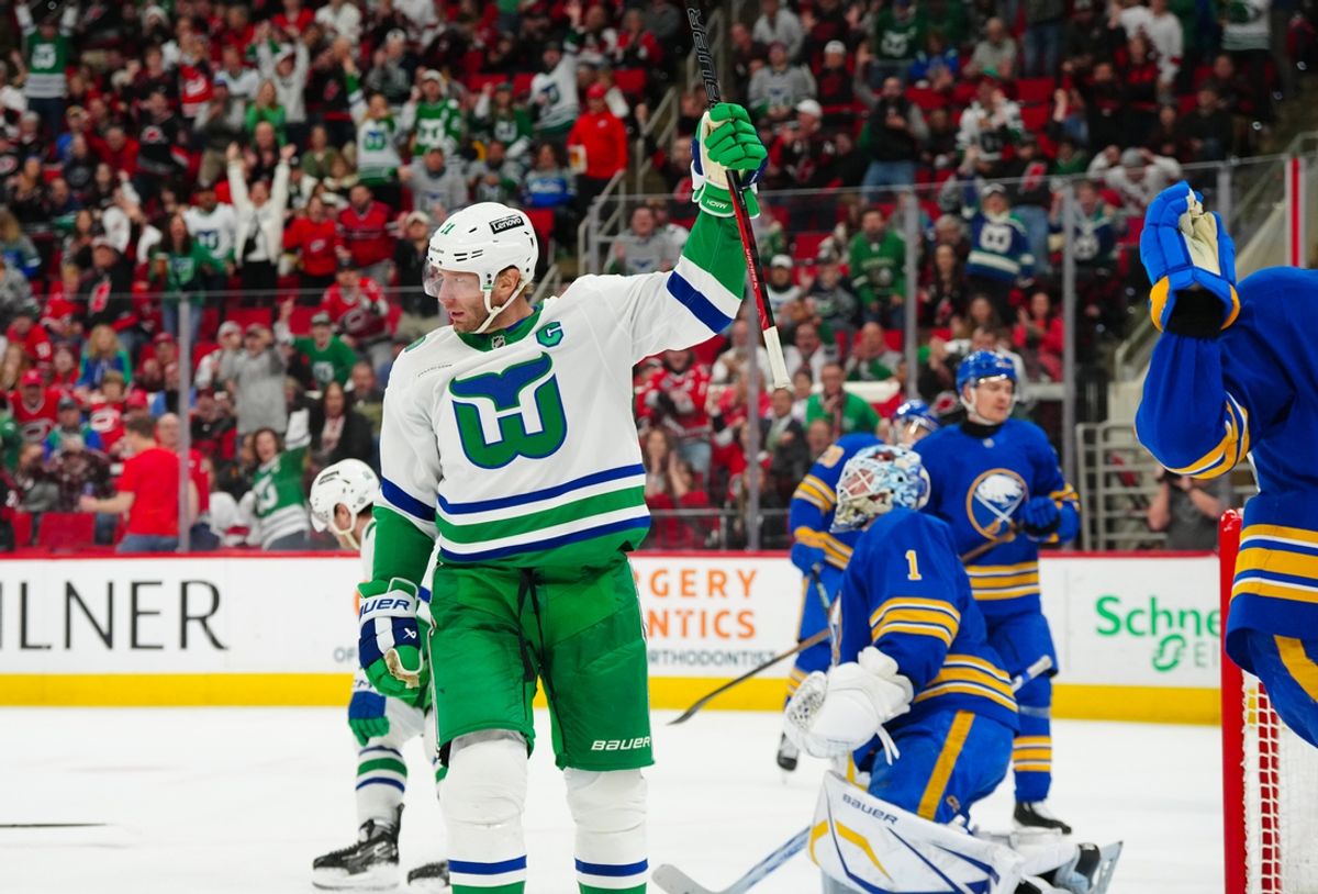 Feb 27, 2025; Raleigh, North Carolina, USA;  Carolina Hurricanes center Jordan Staal (11) celebrates his goal against the Buffalo Sabres during the first period at Lenovo Center. Mandatory Credit: James Guillory-Imagn Images