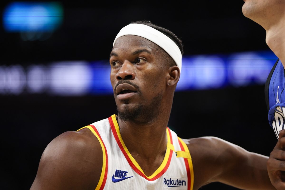 Feb 27, 2025; Orlando, Florida, USA; Golden State Warriors forward Jimmy Butler III (10) looks on against the Orlando Magic in the second quarter at Kia Center. Mandatory Credit: Nathan Ray Seebeck-Imagn Images