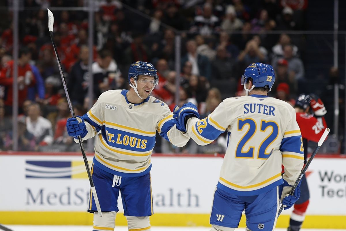Feb 27, 2025; Washington, District of Columbia, USA; St. Louis Blues center Dylan Holloway (81) celebrates after scoring a goal against the Washington Capitals in the second period at Capital One Arena. Mandatory Credit: Geoff Burke-Imagn Images
