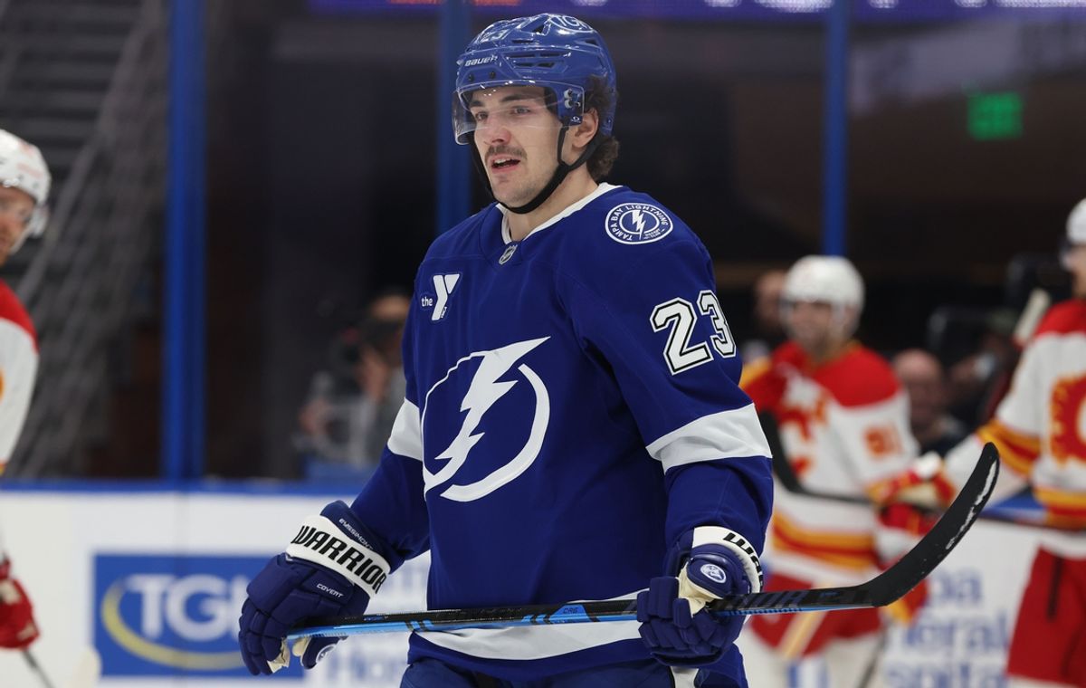 Feb 27, 2025; Tampa, Florida, USA; Tampa Bay Lightning center Michael Eyssimont (23) against the Calgary Flames during the third period at Amalie Arena. Mandatory Credit: Kim Klement Neitzel-Imagn Images